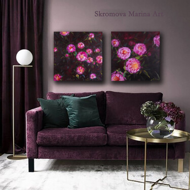 ROMANTIC TWILIGHT - Set of 2 bright peonies, dark background Картина под названием "ROMANTIC TWILIGHT -…" - Marina Skromova, Подлинное произведение искусства, Масло Установлен на Деревя…