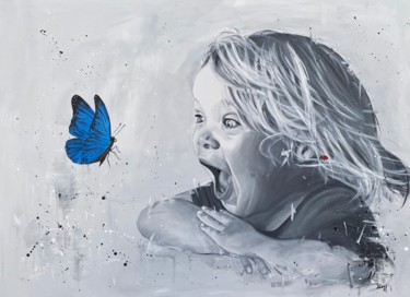 Painting titled "LE PAPILLON BLEU" by Michael Edery, Original Artwork, Acrylic Mounted on Wood Stretcher frame