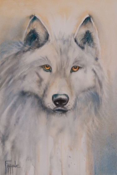 Malerei mit dem Titel "loup blanc" von Michelle Alias Farane Thébault, Original-Kunstwerk, Aquarell