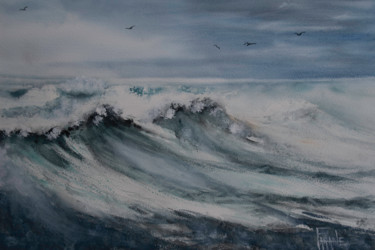 Peinture intitulée "Tempête sur l'océan" par Michelle Alias Farane Thébault, Œuvre d'art originale, Aquarelle