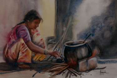 Malerei mit dem Titel "Cuisiner en Inde" von Michelle Alias Farane Thébault, Original-Kunstwerk, Aquarell