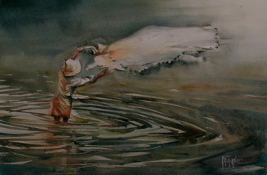 Peinture intitulée "Pêche à l'épervier" par Michelle Alias Farane Thébault, Œuvre d'art originale, Aquarelle