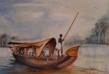 Pintura titulada "Batelier hindou" por Michelle Alias Farane Thébault, Obra de arte original, Acuarela