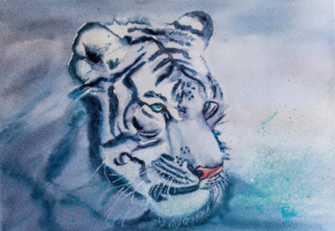 Painting titled "Tigre blanc -2" by Michelle Alias Farane Thébault, Original Artwork, Watercolor