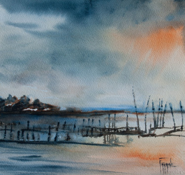 Painting titled "Soir sur la côte" by Michelle Alias Farane Thébault, Original Artwork, Watercolor