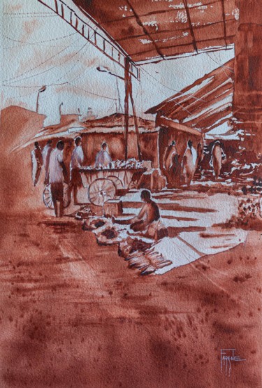Painting titled "Inde le marché de T…" by Michelle Alias Farane Thébault, Original Artwork, Watercolor