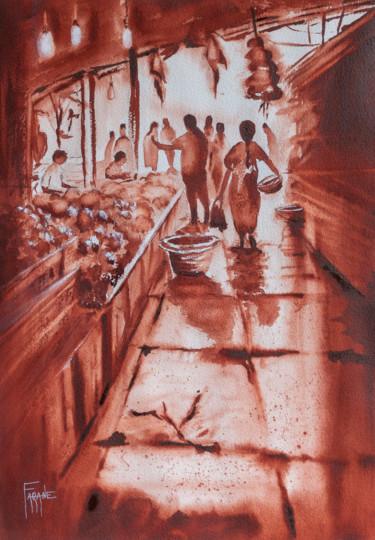 Painting titled "La rue du marché-In…" by Michelle Alias Farane Thébault, Original Artwork, Watercolor