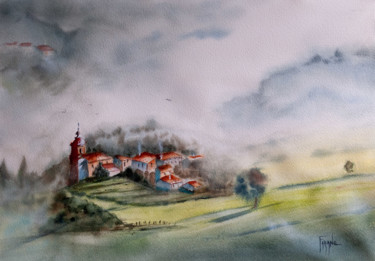 Painting titled "Village Basque dans…" by Michelle Alias Farane Thébault, Original Artwork, Watercolor