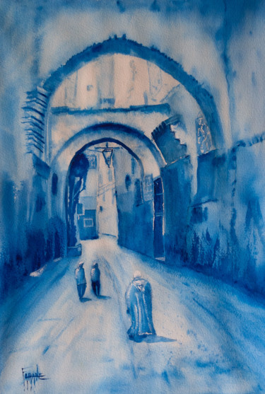 Pintura intitulada "Chefchaouen la rue" por Michelle Alias Farane Thébault, Obras de arte originais, Aquarela
