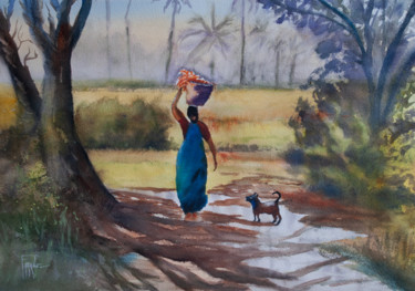 Ζωγραφική με τίτλο "Vie indienne" από Michelle Alias Farane Thébault, Αυθεντικά έργα τέχνης, Ακουαρέλα