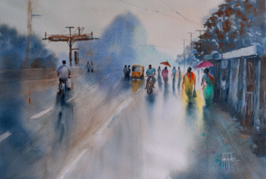 Painting titled "La rue en Inde" by Michelle Alias Farane Thébault, Original Artwork, Watercolor