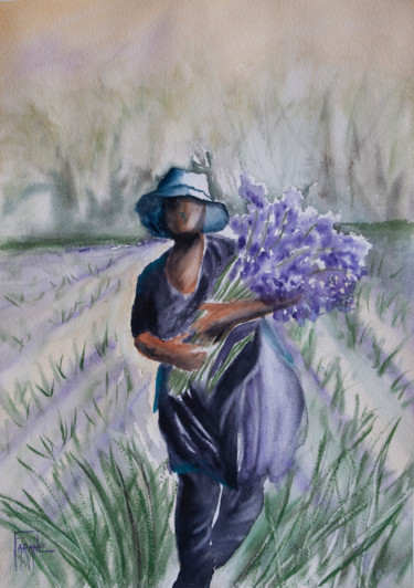 Painting titled "Cueilleuse d'iris" by Michelle Alias Farane Thébault, Original Artwork, Watercolor