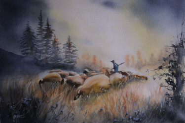 Painting titled "Les moutons" by Michelle Alias Farane Thébault, Original Artwork, Watercolor