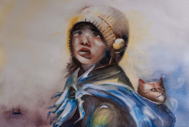 Painting titled "Tendre innocence" by Michelle Alias Farane Thébault, Original Artwork, Watercolor