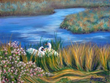 Painting titled "Nesting Swans" by Marie-Therese Forand, Original Artwork, Oil