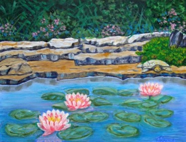 Painting titled "Waterlilies and Tur…" by Marie-Therese Forand, Original Artwork, Oil