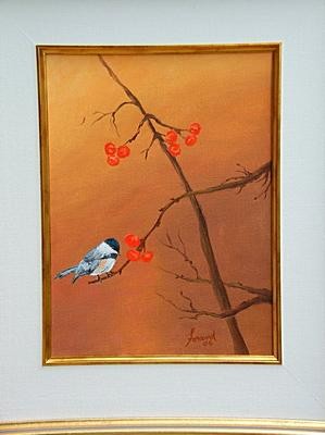 Peinture intitulée "Chickadee Visitor" par Marie-Therese Forand, Œuvre d'art originale