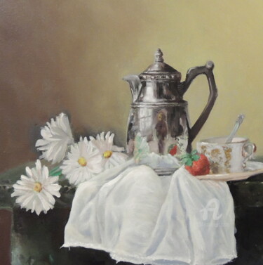 Painting titled "teiera con margheri…" by Mudra, Original Artwork, Oil