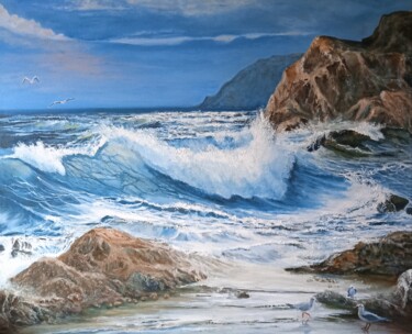 Painting titled ""Волны. Море. Чайки"" by Mukhabbat Efimova, Original Artwork, Oil