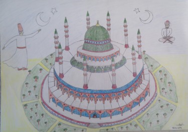 Drawing titled "Big Green Mosque" by Muhammet Ali Turk, Original Artwork, Pencil