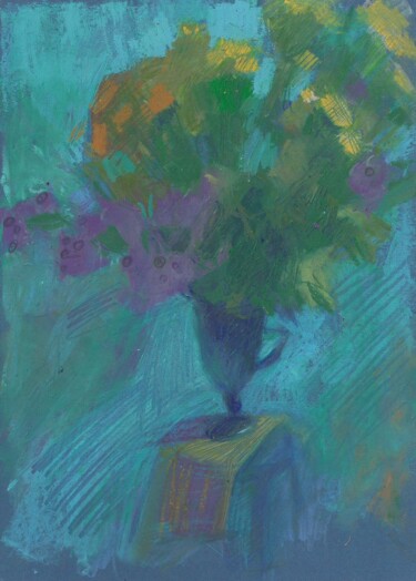 Pittura intitolato "Tansy in a blue vase" da Evgeniya Kolchina, Opera d'arte originale, Pastello