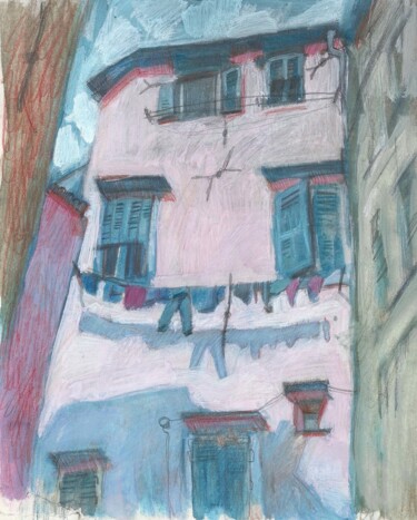 Dessin intitulée "Pink house in Lapig…" par Evgeniya Kolchina, Œuvre d'art originale, Gouache