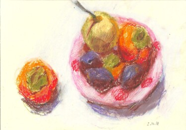 Dibujo titulada "Persimmon and plums" por Evgeniya Kolchina, Obra de arte original, Pastel