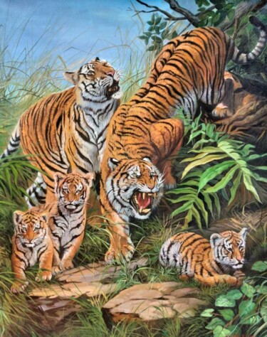 Painting titled "Tiger Family" by Mujiono, Original Artwork, Oil