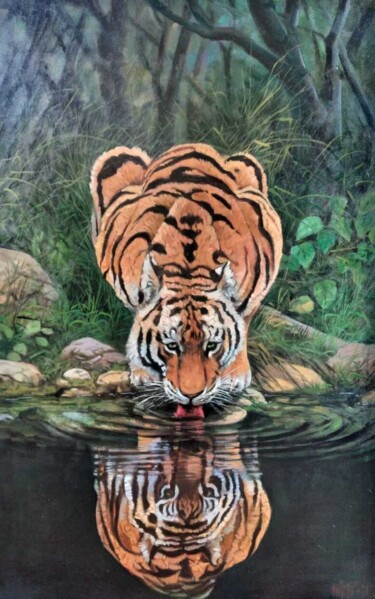 Painting titled "Thirsty Tiger" by Mujiono, Original Artwork, Oil