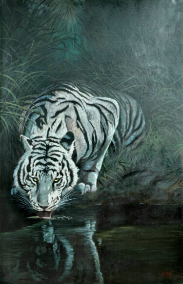 Malerei mit dem Titel "Thirsty Tiger #2" von Mujiono, Original-Kunstwerk, Öl