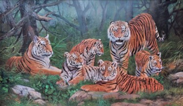 Painting titled "Tiger Family #2" by Mujiono, Original Artwork, Oil