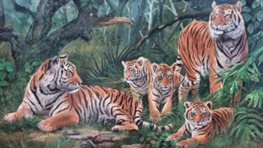 Malerei mit dem Titel "Tiger Family #3" von Mujiono, Original-Kunstwerk, Öl