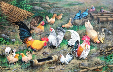 Peinture intitulée "Bantam Chicken #2" par Mujiono, Œuvre d'art originale, Acrylique