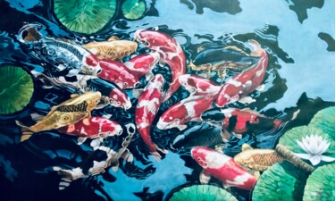 Peinture intitulée "Harmony of Koi" par Mujiono, Œuvre d'art originale, Huile