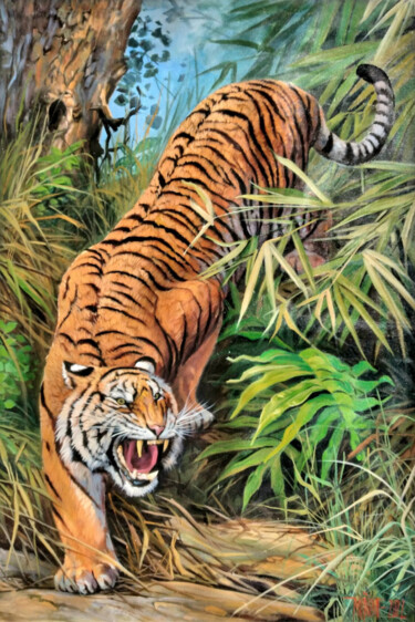 Malerei mit dem Titel "Hunter" von Mujiono, Original-Kunstwerk, Öl