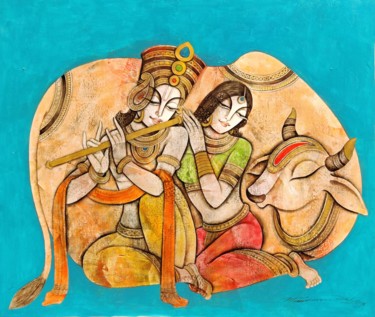 Painting titled "Cow With Radha kris…" by Mukesh Mandal, Original Artwork, Acrylic
