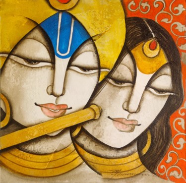 Peinture intitulée "Krishna With Radha" par Mukesh Mandal, Œuvre d'art originale, Acrylique