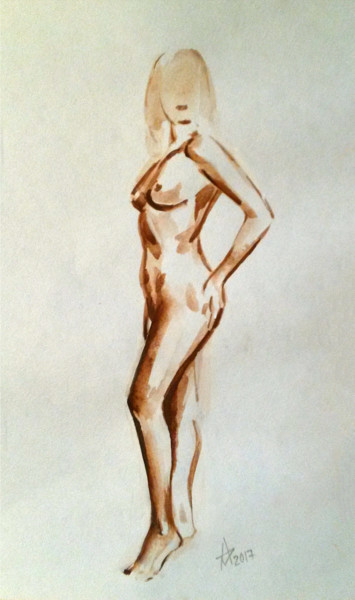 Painting titled "Nude #1" by Munir Akhmejanov, Original Artwork, Gouache