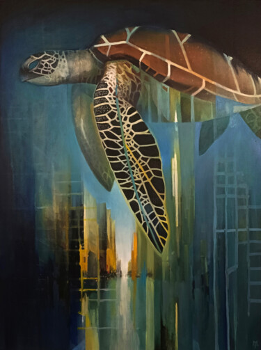 Pintura titulada "city turtle" por Yura Matiyashchuk, Obra de arte original, Oleo Montado en Panel de madera