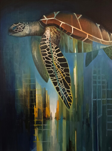 Peinture intitulée "city turtle" par Yura Matiyashchuk, Œuvre d'art originale, Huile Monté sur Panneau de bois