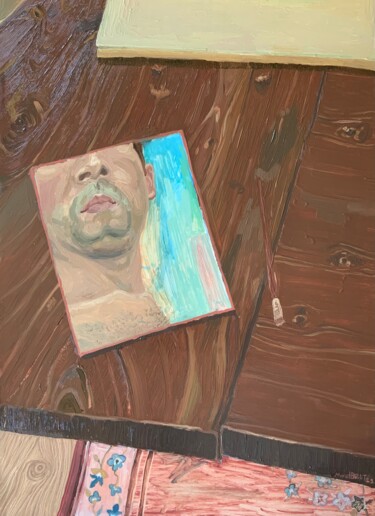 Painting titled "Self portrait" by Murat Bulut, Original Artwork, Oil Mounted on Wood Panel