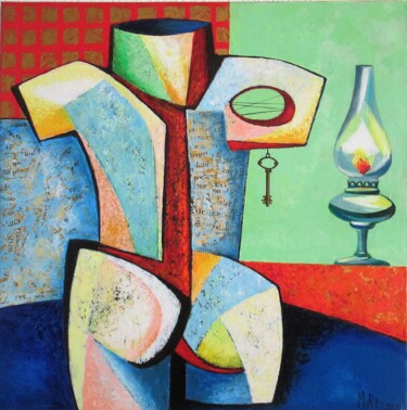 Painting titled "A figure with lamp" by Muraz Martirosyan, Original Artwork, Acrylic Mounted on Wood Stretcher frame