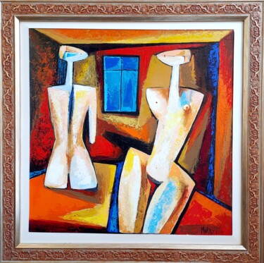 Painting titled "Conversation" by Muraz Martirosyan, Original Artwork, Oil Mounted on Wood Stretcher frame