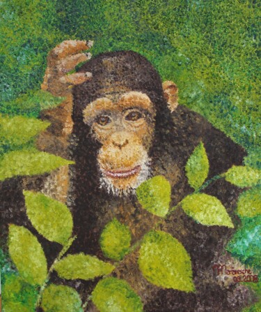 Painting titled "Portrait de chimpan…" by Muriel Barrat, Original Artwork, Oil Mounted on Wood Stretcher frame