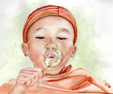 Peinture intitulée "jeune tibétain" par Muriel Barrat, Œuvre d'art originale, Aquarelle