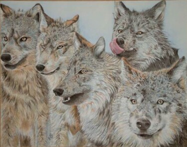 Painting titled "Meute de loups" by Muriel Barrat, Original Artwork, Watercolor