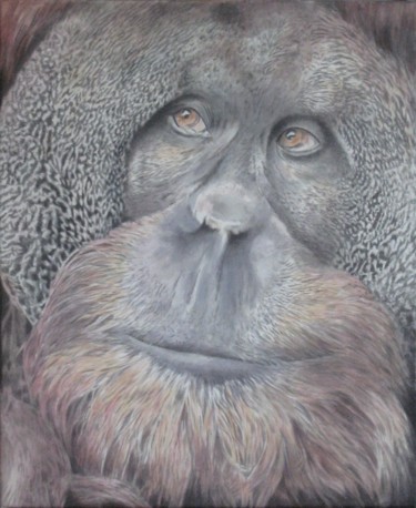 Painting titled "Orang-Outan" by Muriel Besnard, Original Artwork, Ink Mounted on Wood Stretcher frame