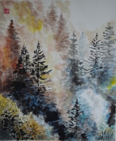 Painting titled "Brumes sur la Sapin…" by Muriel Besnard, Original Artwork, Ink Mounted on Other rigid panel