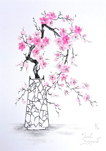 Painting titled "Vase au sakura rose" by Muriel Besnard, Original Artwork, Ink