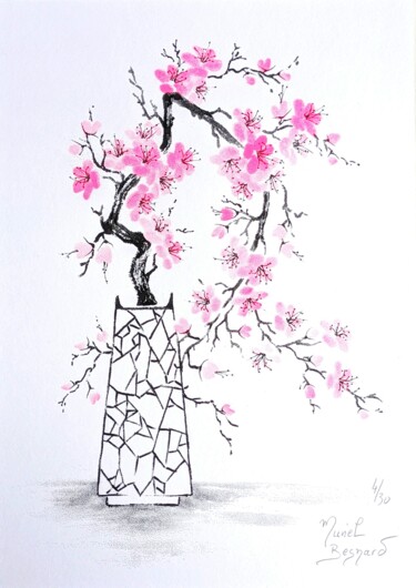 Pintura titulada "Vase au sakura rose" por Muriel Besnard, Obra de arte original, Tinta